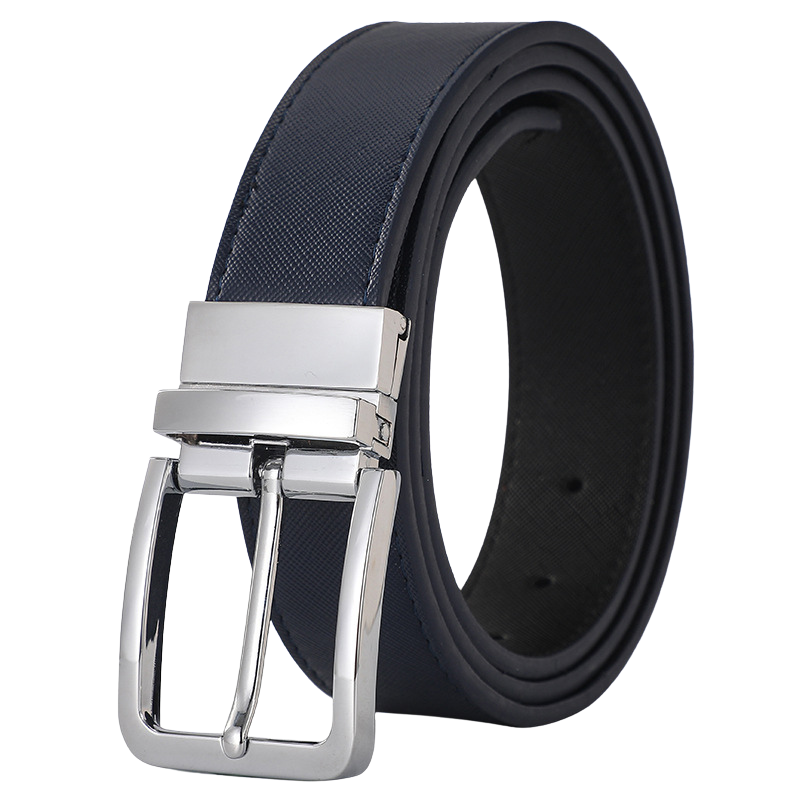 Ceinture réversible pour homme Amaury 2 en cuir bleu marine texturé avec boucle ardillon argentée polie, système rotatif à 360°