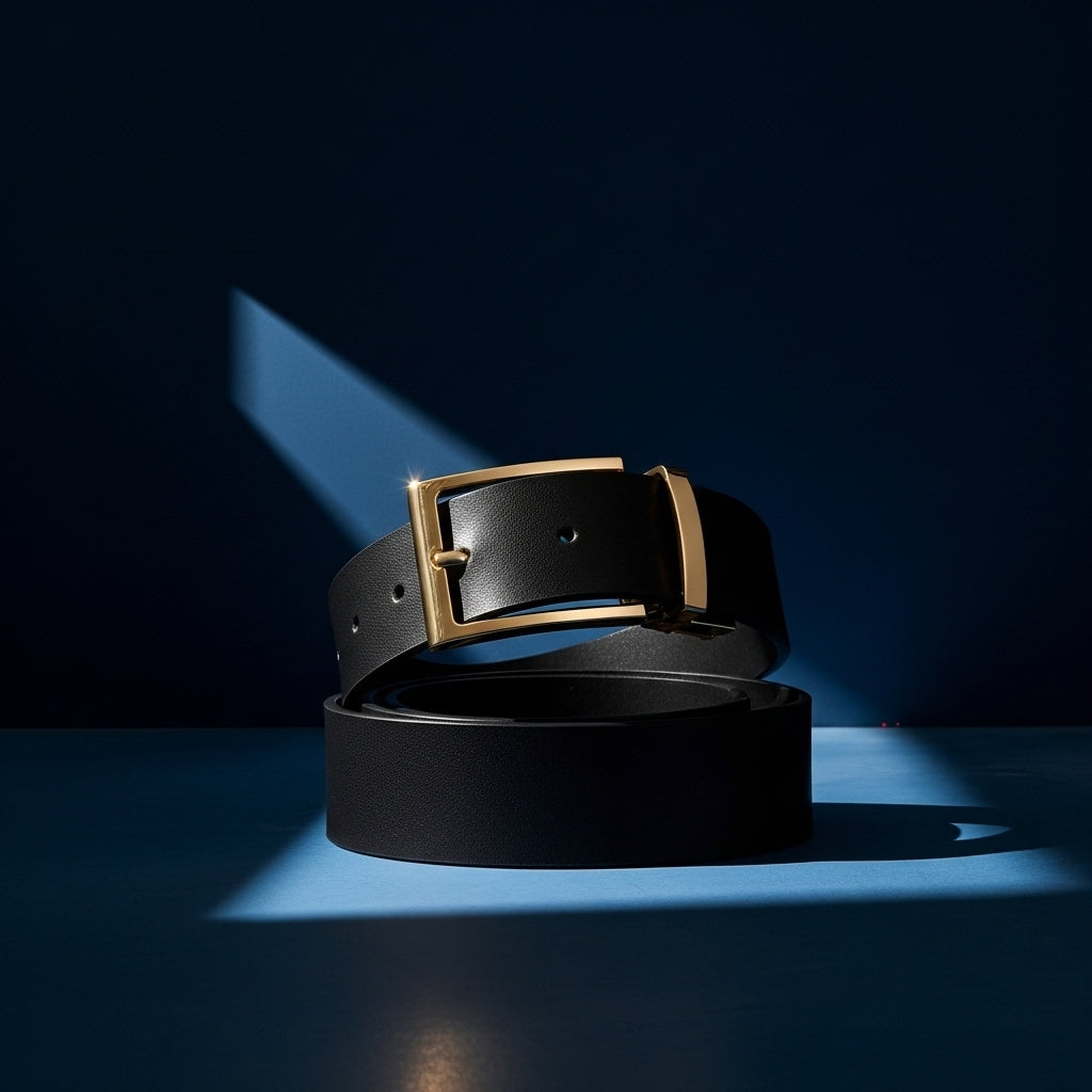Ceinture homme Amaury 3 en cuir noir avec boucle ardillon dorée et finition élégante, vue de face sur fond bleu #fullwidth