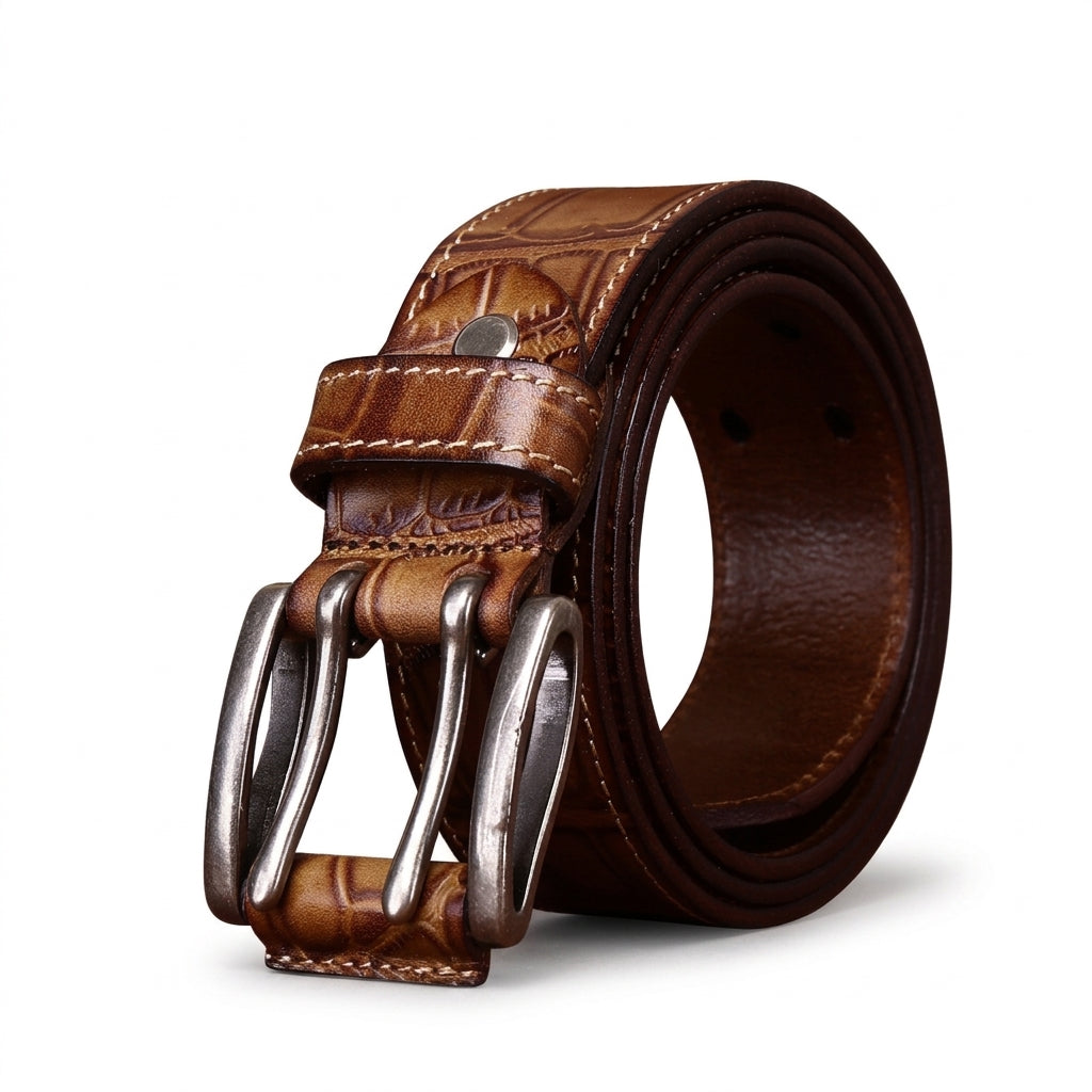 Ceinture pour homme Amboise en cuir de vachette pleine fleur marron avec motif crocodile, boucle double ardillon en alliage argenté patiné et surpiqûres sellier artisanales.