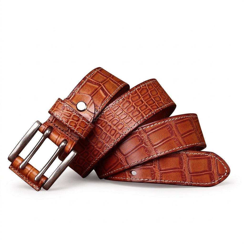 Ceinture pour homme Amboise en cuir de vachette pleine fleur marron avec motif crocodile, boucle double ardillon en métal argenté patiné et surpiqûres sellier.