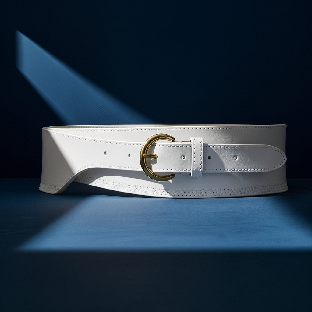 Ceinture Ambre blanche en cuir nubuck, large avec boucle dorée demi-cercle, finition lisse et coutures apparentes. #fullwidth