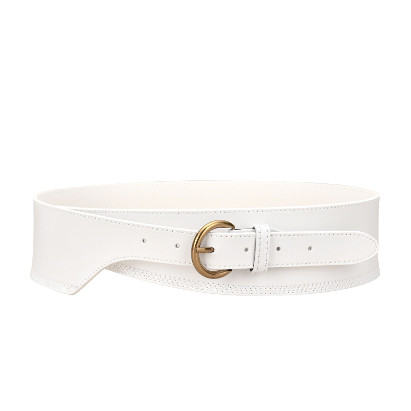 Ceinture femme Ambre blanche en cuir de vachette refendu finition nubuck, largeur 6,2 cm, avec boucle ardillon demi-cercle en métal doré.