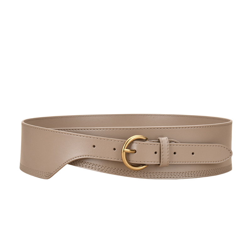 Ceinture femme Ambre beige en cuir de vachette avec boucle ardillon dorée et finition nubuck lisse. Large et structurante, elle est idéale pour marquer la taille sur différentes tenues.