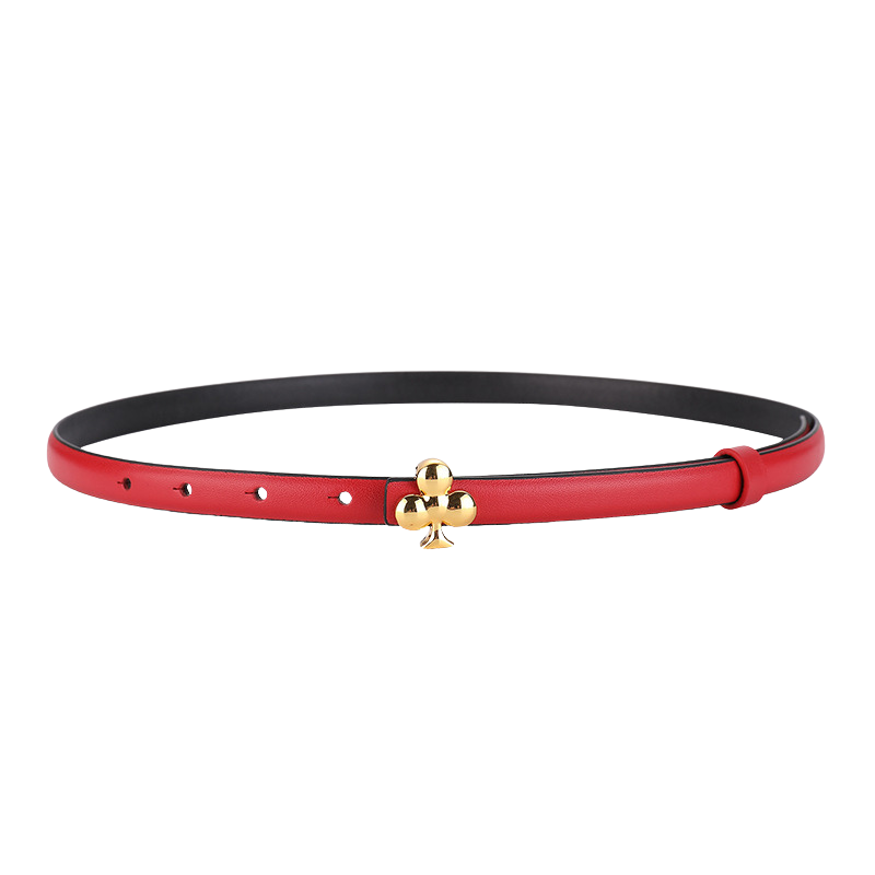 Ceinture fine rouge Amélie en cuir pleine fleur avec boucle dorée en forme de fleur de trèfle