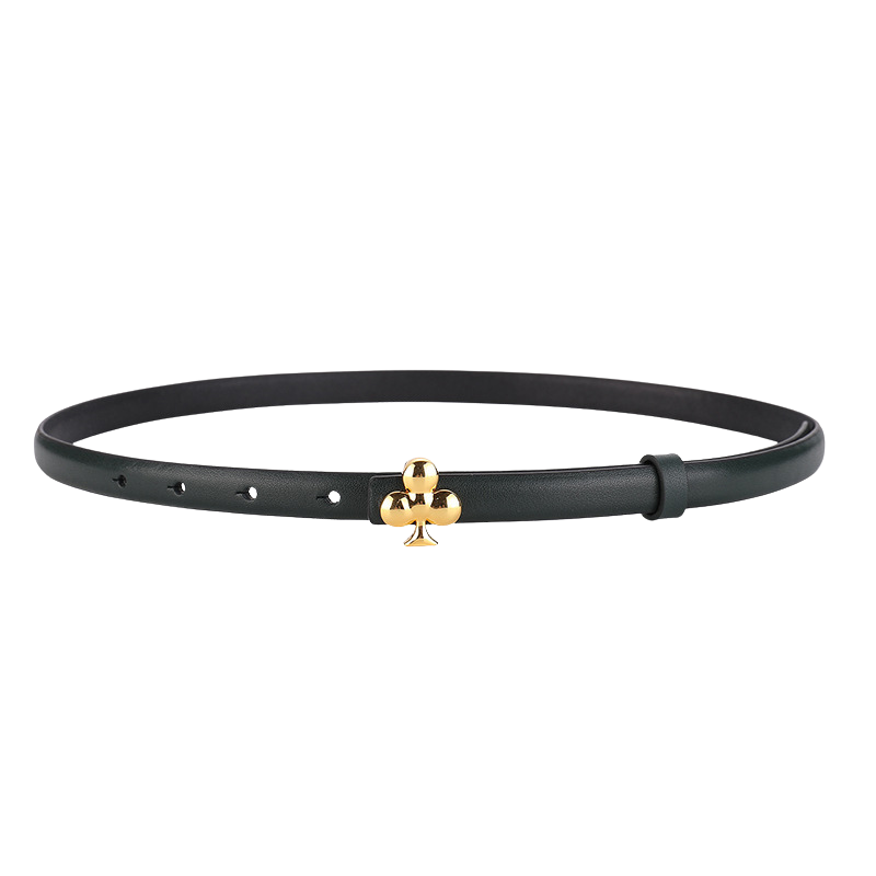 Ceinture fine verte pour femme, modèle Amélie, en cuir pleine fleur avec boucle dorée en forme de fleur de trèfle.