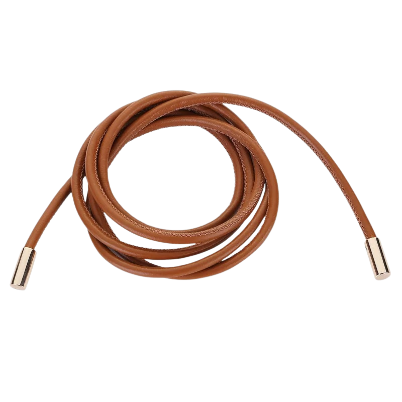 Ceinture fine en cuir marron de mouton avec embouts dorés, modèle Amicie, se noue pour un style féminin
