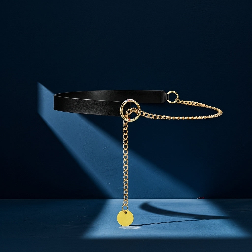 Ceinture Anaëlle noire en simili cuir tressé à la main avec une chaîne dorée et un pendentif rond, boucle cercle en alliage doré mat #fullwidth