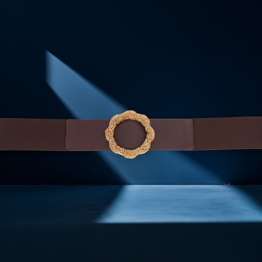 Ceinture Anaïs 1 en cuir marron, avec une boucle décorative dorée en forme de fleur. La ceinture est large de 5 cm et possède une bande élastique à l'arrière pour un ajustement confortable. #fullwidth