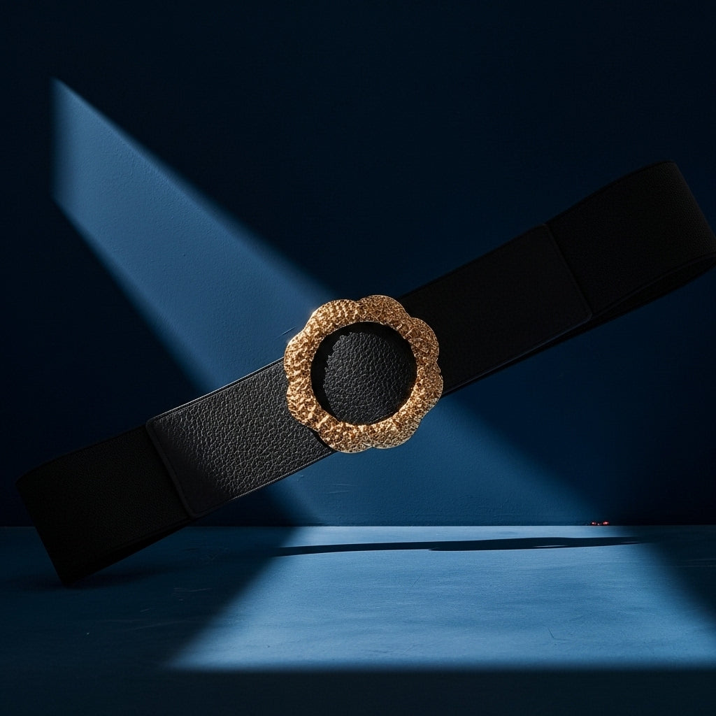 Ceinture Anaïs 2 noire en cuir pleine fleur avec une large boucle dorée à motif floral sans ardillon sur fond bleu #fullwidth
