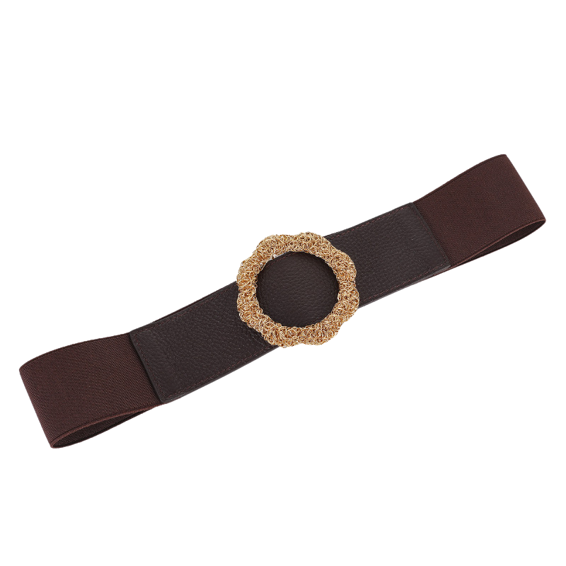 Ceinture Anaïs 2 marron en cuir pleine fleur avec boucle dorée à motif floral et lanière élastique #fullwidth