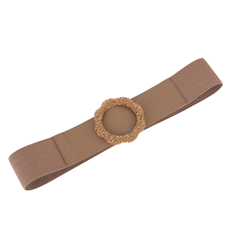 Ceinture Anaïs 2 beige en cuir avec une boucle dorée décorative et un tissu élastique à l'arrière.