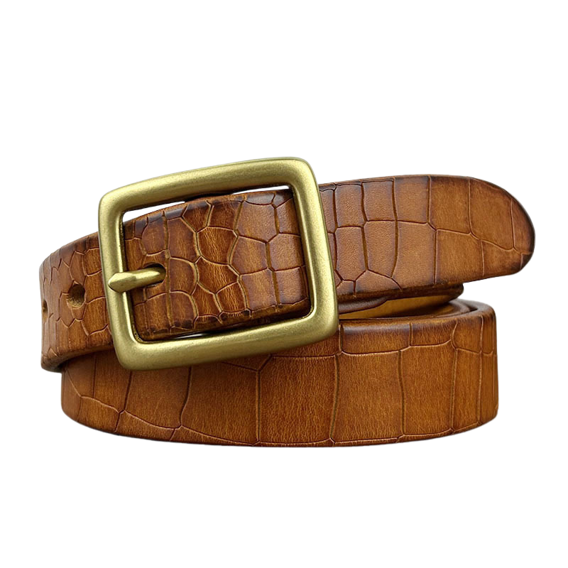 Ceinture Anatole Zen en cuir de vachette marron avec texture crocodile embossée et boucle carrée dorée.