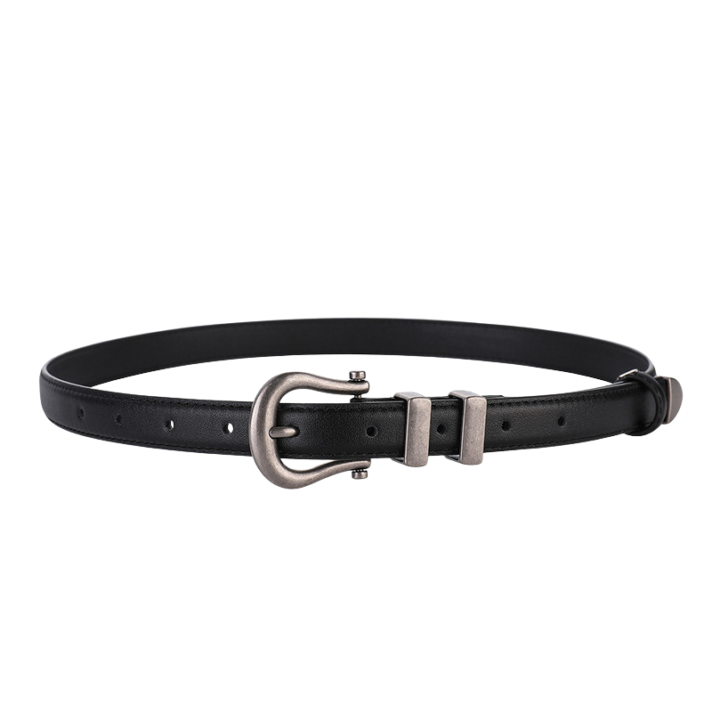 Ceinture femme Angélique noire en cuir lisse avec boucle ardillon argentée vieillie asymétrique et brossée, style rétro.