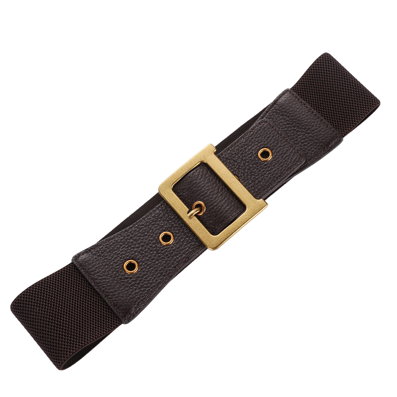 Ceinture femme Annecy en cuir marron foncé avec boucle dorée carrée et bande élastique tressée.