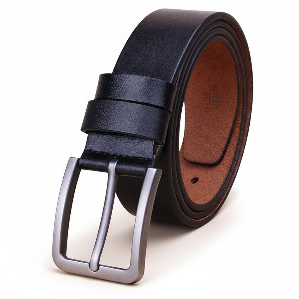 Ceinture homme Antoine 2 en cuir refendu noir avec boucle ardillon argentée.