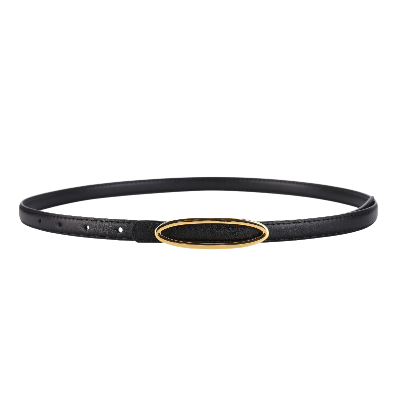 Ceinture fine pour femme Apolline en cuir noir avec une boucle ovale allongée dorée minimaliste.