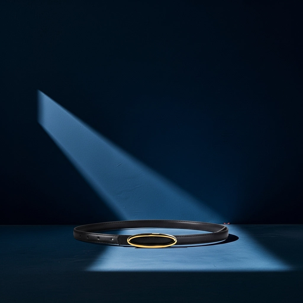 Ceinture fine Apolline en cuir noir avec boucle ovale allongée dorée, mise en scène sur un fond bleu avec un rayon de lumière. #fullwidth