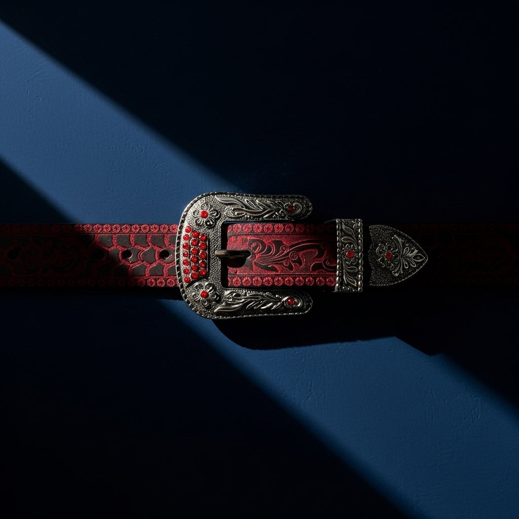Ceinture Apollon Noir pour homme en cuir avec motifs floraux embossés rouges et noirs, boucle ardillon argentée ornée de strass rouges, style western, #fullwidth
