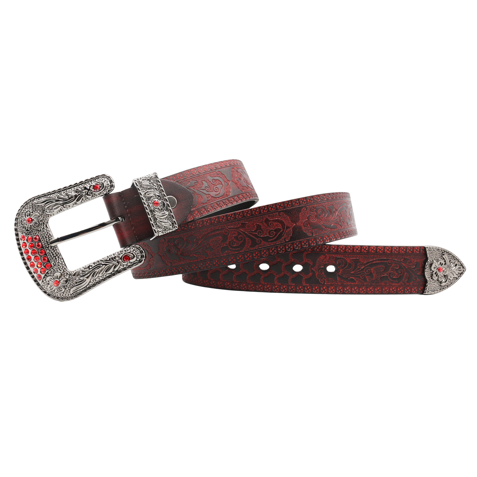 Ceinture Apollon Noir en cuir bordeaux avec motifs floraux embossés et boucle argentée ornée de strass rouges #fullwidth