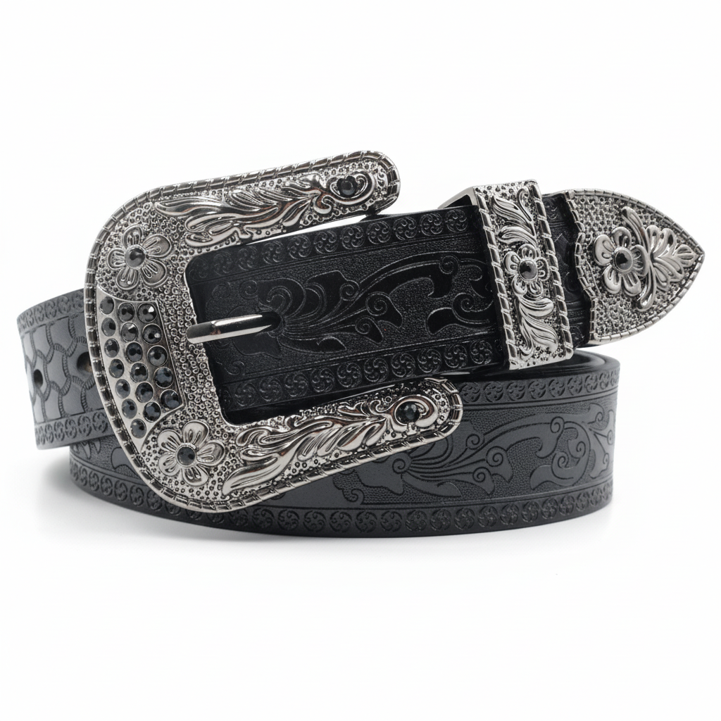Ceinture Apollon Noir pour homme en cuir pleine fleur, avec motifs floraux embossés, boucle ardillon argentée ornée de strass, style western modernisé. #fullwidth