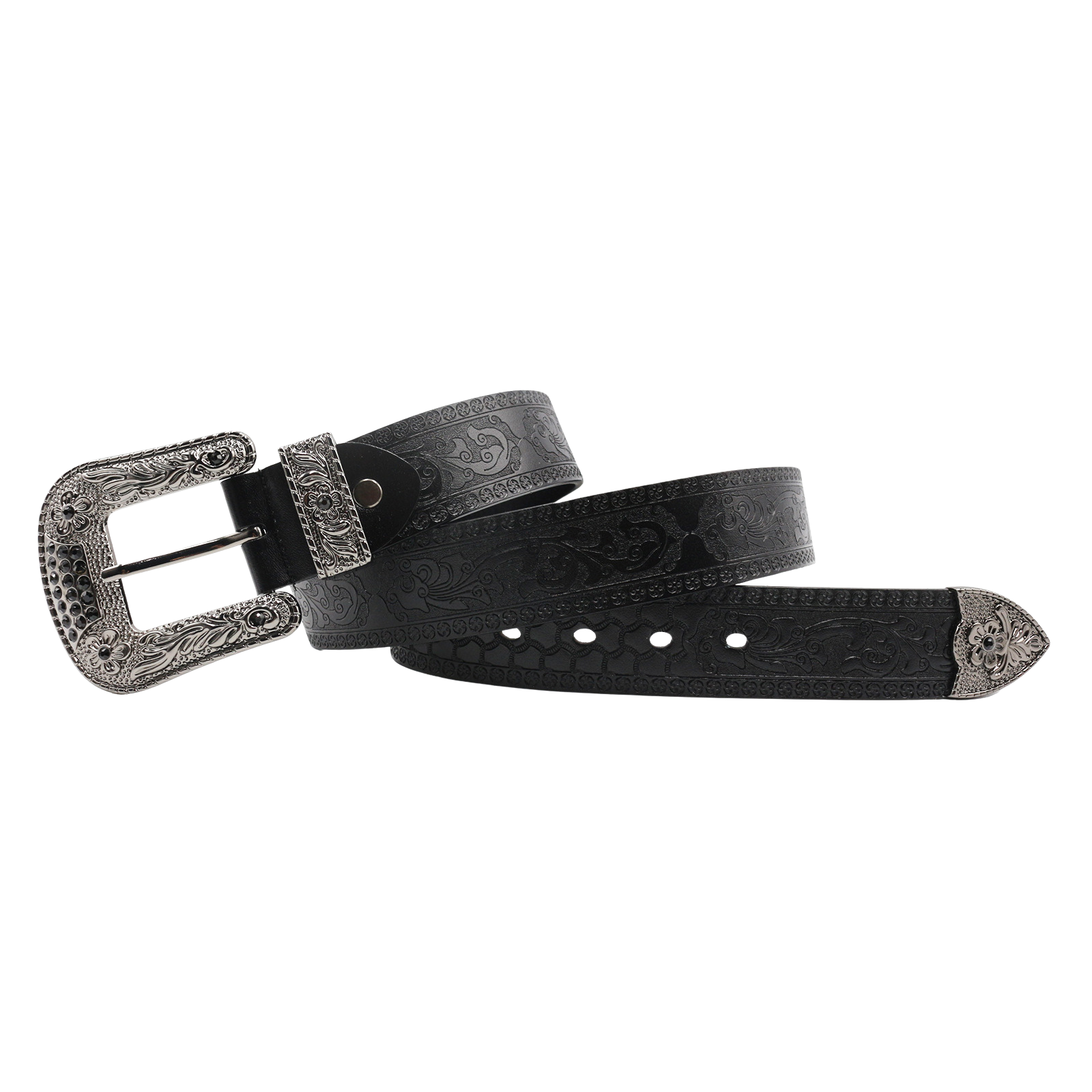 Ceinture Apollon Noir en cuir pleine fleur noir avec motifs floraux embossés et boucle ardillon argentée ornée de strass. #fullwidth