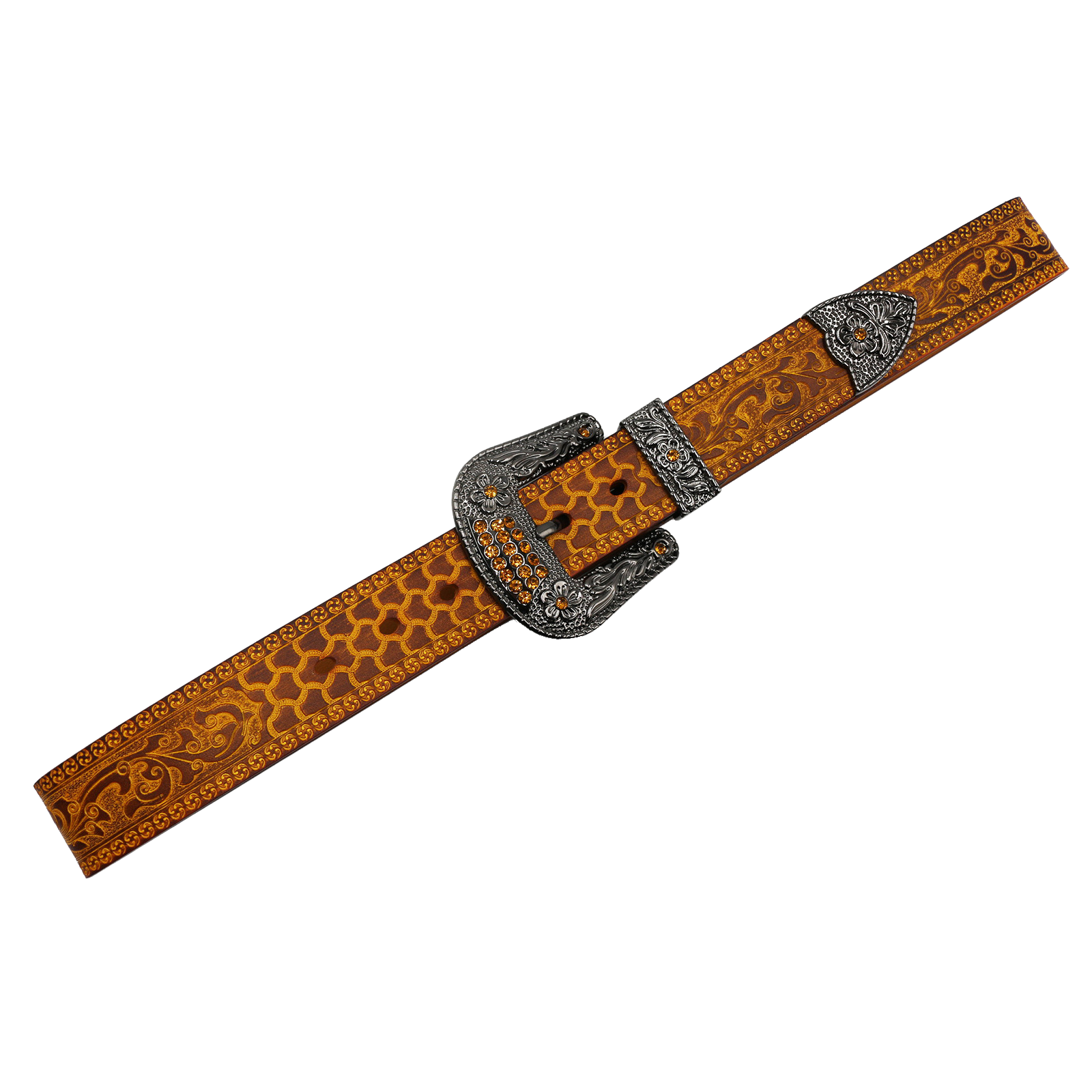 Ceinture en cuir pleine fleur Apollon Noir pour homme, avec motifs floraux embossés et boucle ardillon argentée ornée de strass orange. #fullwidth