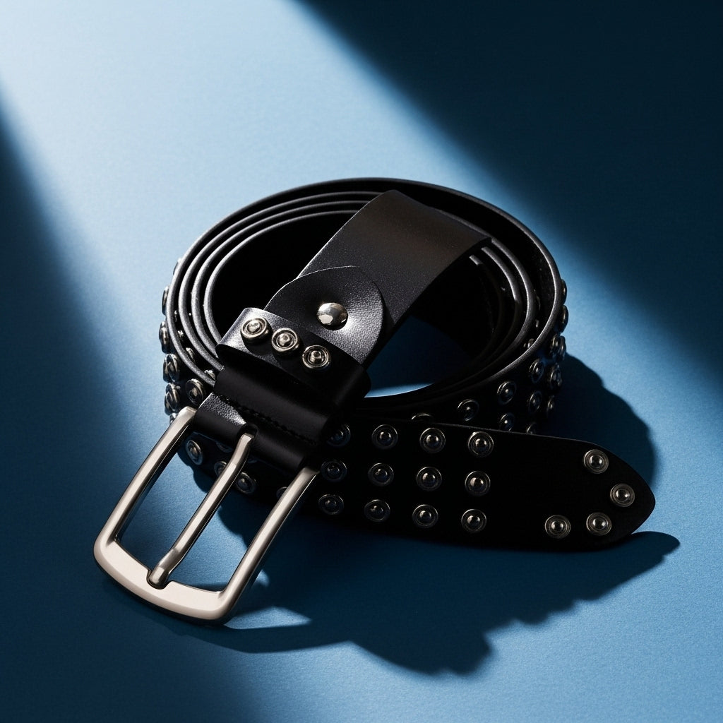 Ceinture Aragon en cuir noir cloutée avec boucle ardillon argentée, style punk et moto #fullwidth