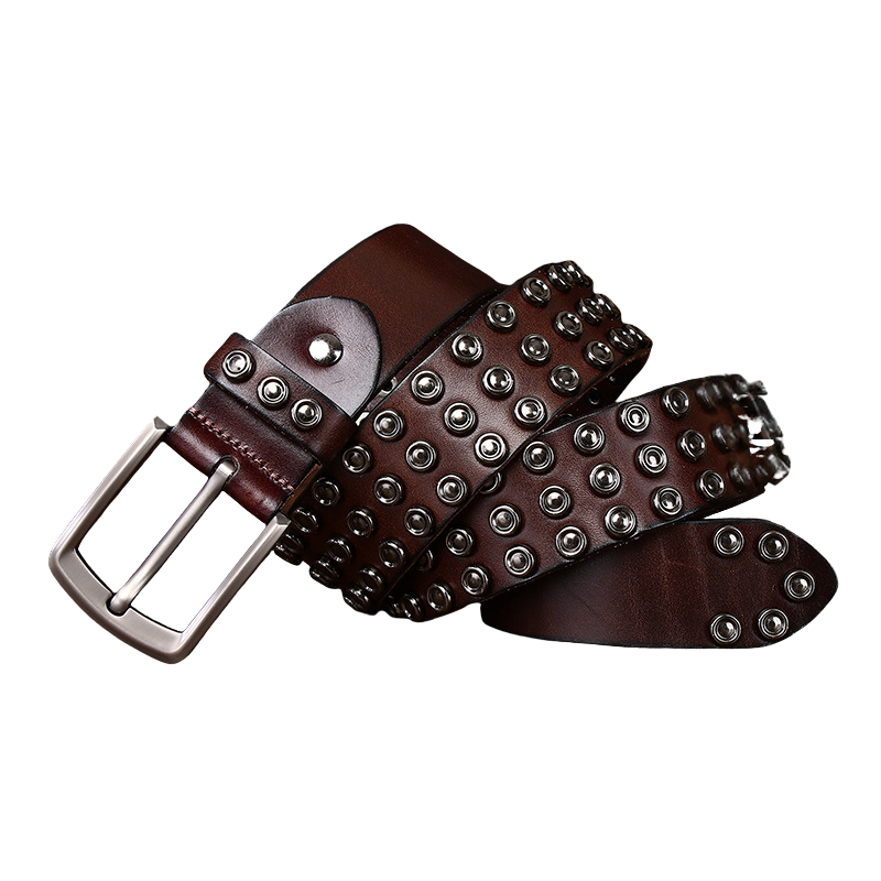 Ceinture homme Aragon en cuir marron foncé, cloutée, avec boucle ardillon argentée