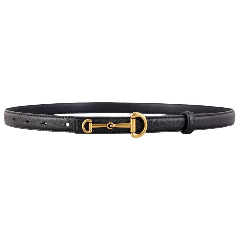 Ceinture fine pour femme Ariane en cuir noir avec boucle ardillon dorée inspirée d'un mors de cheval