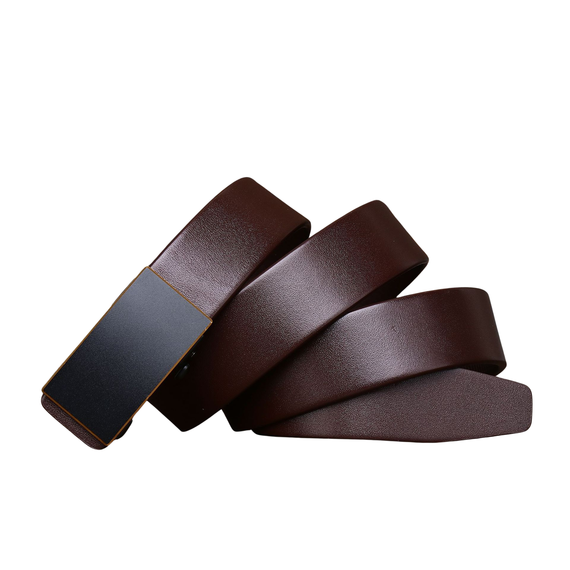 Ceinture Armand 1 en cuir de vachette pleine fleur couleur café avec boucle automatique rectangulaire noire. Le cuir lisse et la boucle sans dents assurent élégance et fonctionnalité.