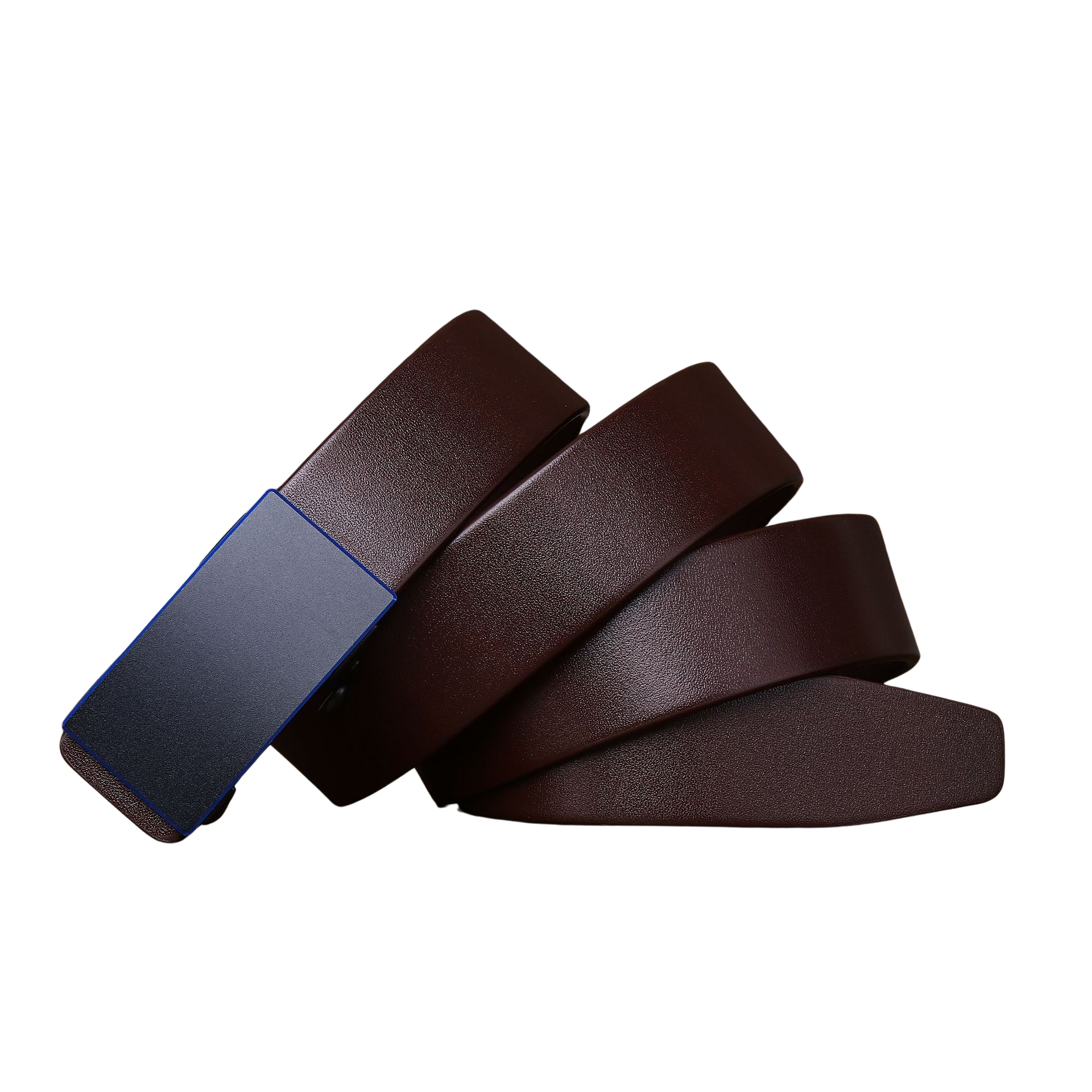 Ceinture Armand 2 en cuir de vachette marron avec boucle rectangulaire automatique noire et bleue.