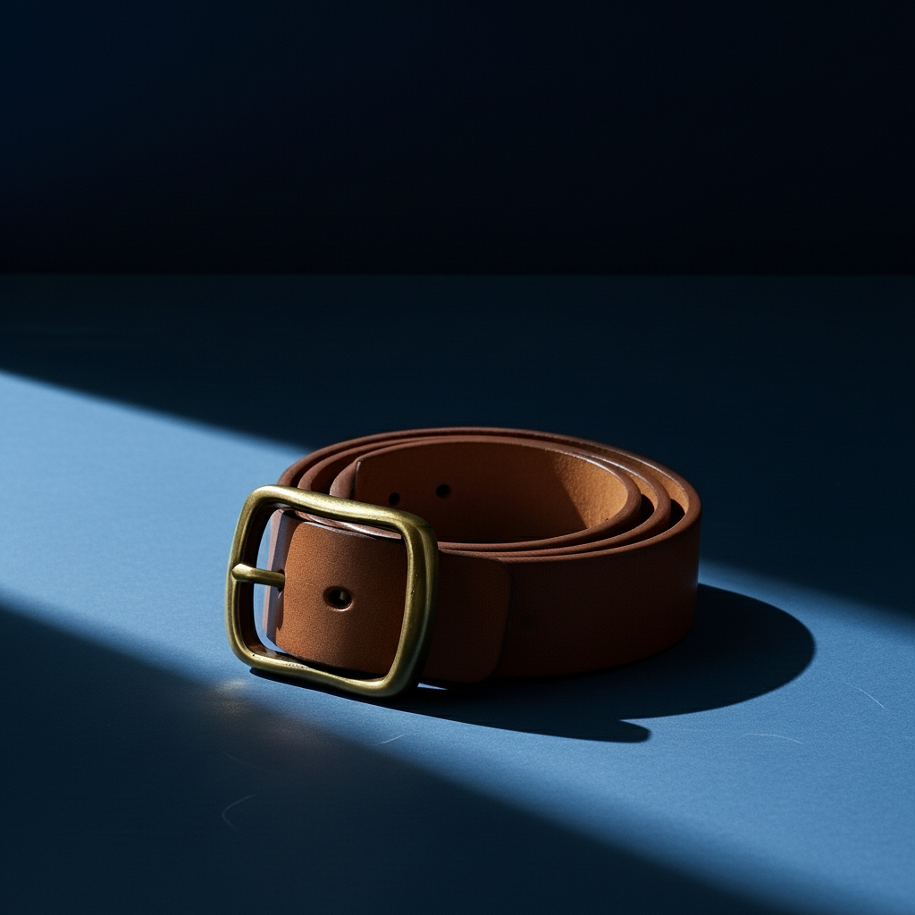 Ceinture Arsène en cuir pleine fleur marron avec boucle ardillon rectangulaire en cuivre doré vieilli, aspect vieilli authentique. #fullwidth