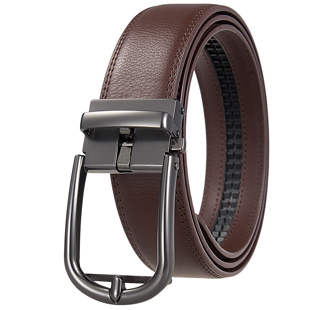 Ceinture homme Arsinoé 1 en cuir de vachette marron avec boucle automatique gunmetal et finition grainée.