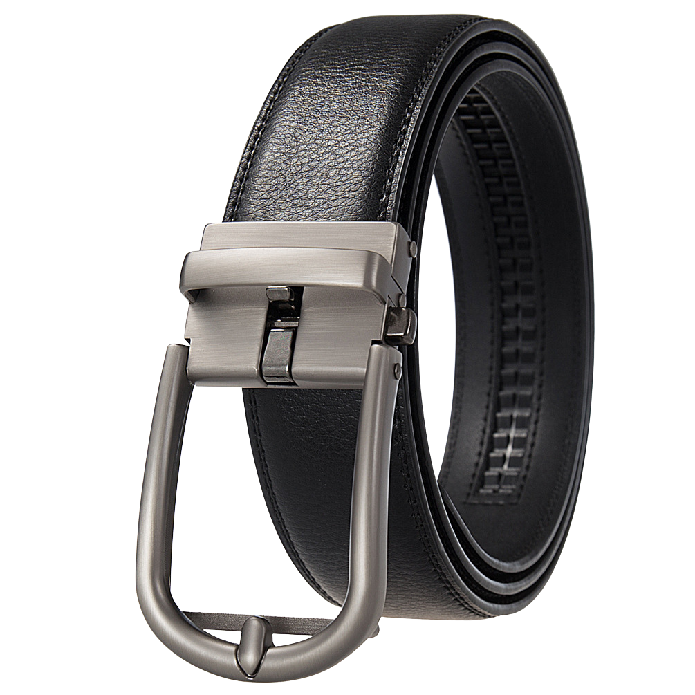 Ceinture homme Arsinoé 1 en cuir de vachette noir avec boucle automatique argentée finition gunmetal et design épuré.