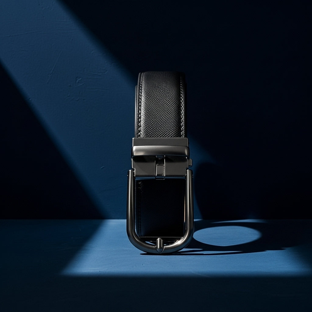 Ceinture homme Arsinoé 4 en cuir noir avec boucle métallique gunmetal et système automatique, largeur 3,5 cm, style épuré et moderne. #fullwidth