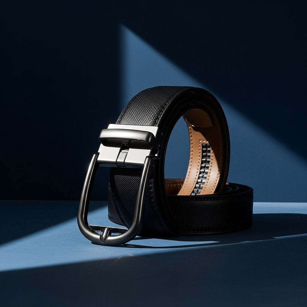 Ceinture homme Arsinoé 5 en cuir de vachette noir avec boucle automatique gunmetal au design épuré et bande texturée #fullwidth