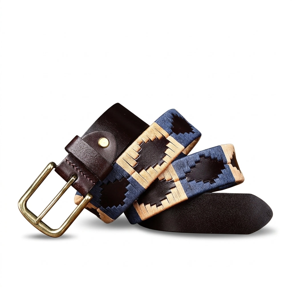 Ceinture Aubrac en cuir pleine fleur marron avec broderies géométriques bleues et beiges, dotée d'une boucle ardillon dorée vieilli au style bohème et western.