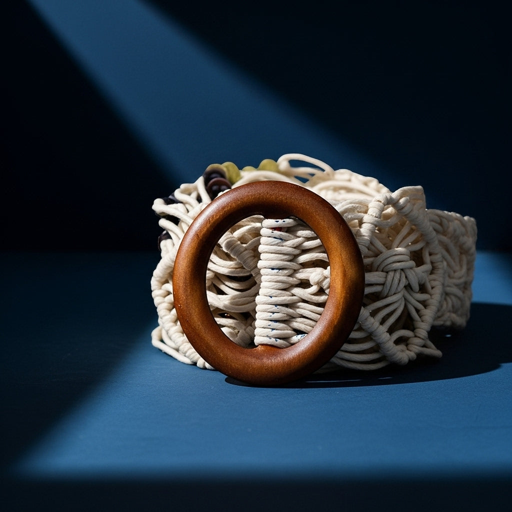Ceinture Aurélie en tissu tressé blanc avec une boucle ronde en bois naturel et des perles décoratives, style bohème ethnique. #fullwidth