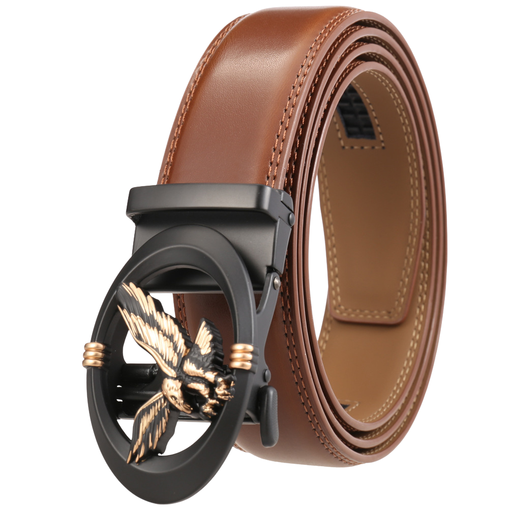 Ceinture pour homme Aurélien Doré en cuir marron avec boucle automatique ovale noire ornée d'un aigle doré.