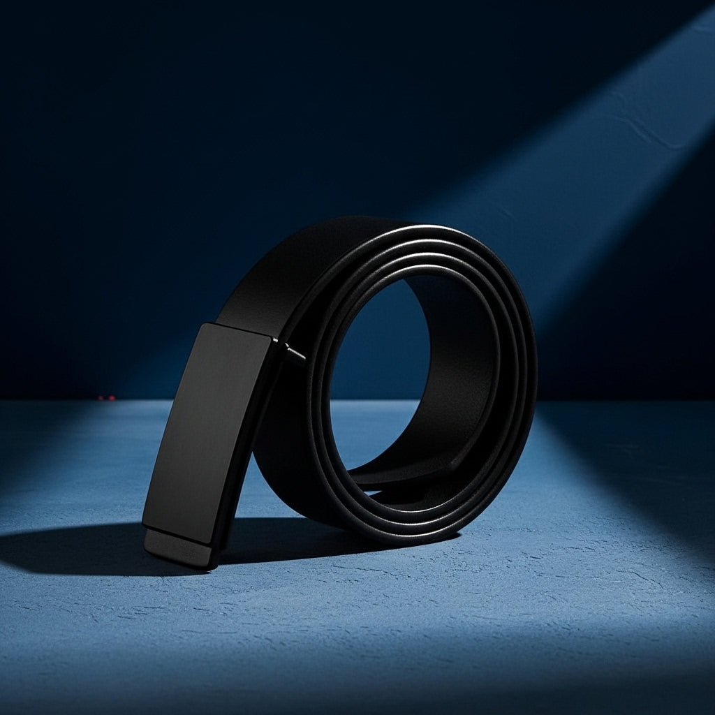 Ceinture pour homme Austerl en cuir noir avec boucle rectangulaire automatique, 3,3 cm de large. #fullwidth