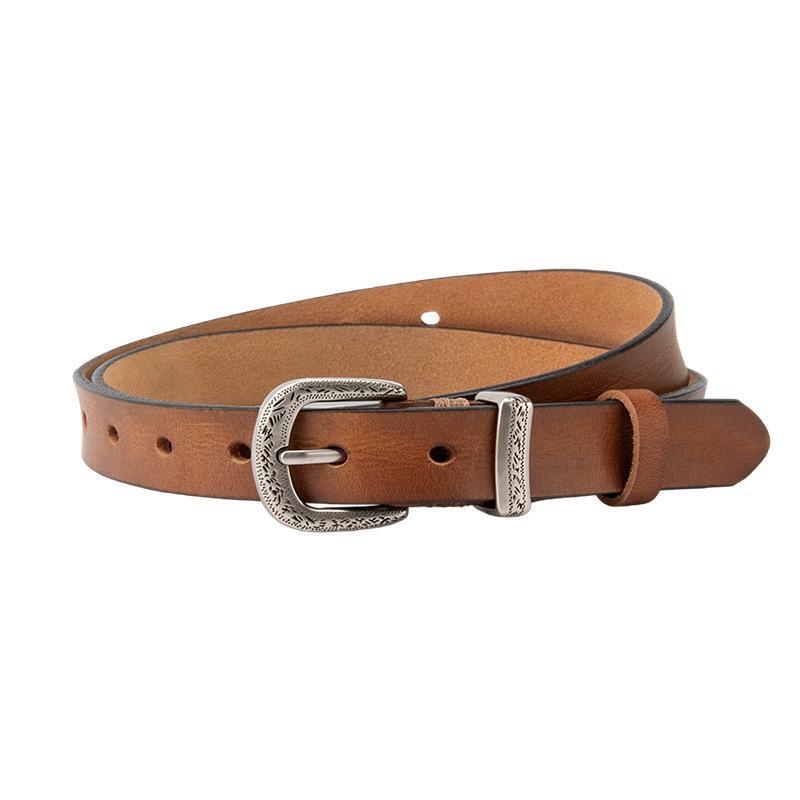 Ceinture femme Aveline en cuir pleine fleur marron avec boucle ardillon argentée finement travaillée aux motifs floraux vintage