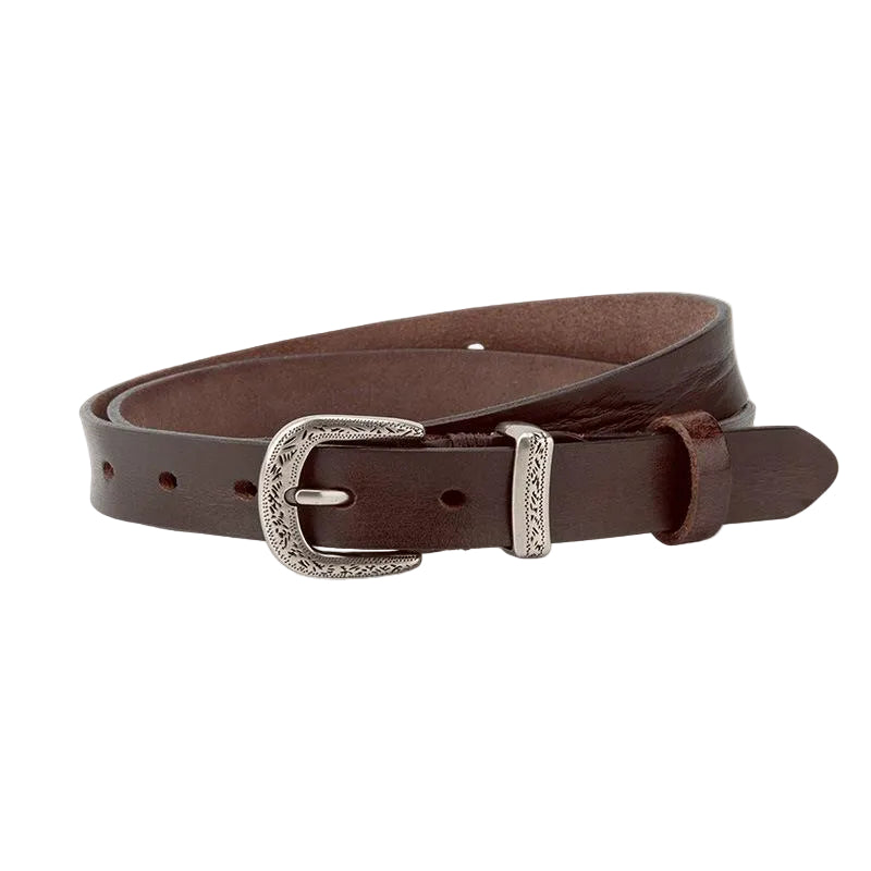 Ceinture femme Aveline en cuir pleine fleur marron avec boucle ardillon argentée finement sculptée de motifs floraux vintage