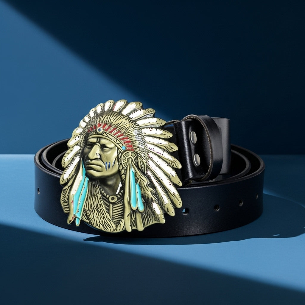 Ceinture Baroudeur pour homme avec une boucle western en alliage représentant un chef indien, sur une lanière en cuir de vachette noir de 3,8 cm de large. #fullwidth