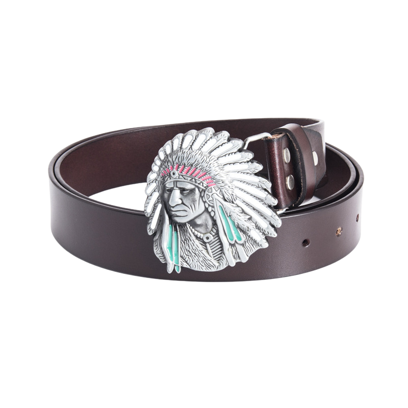 Ceinture Baroudeur en cuir marron pour homme avec boucle western argentée ornée d'un chef indien gravé et coloré.