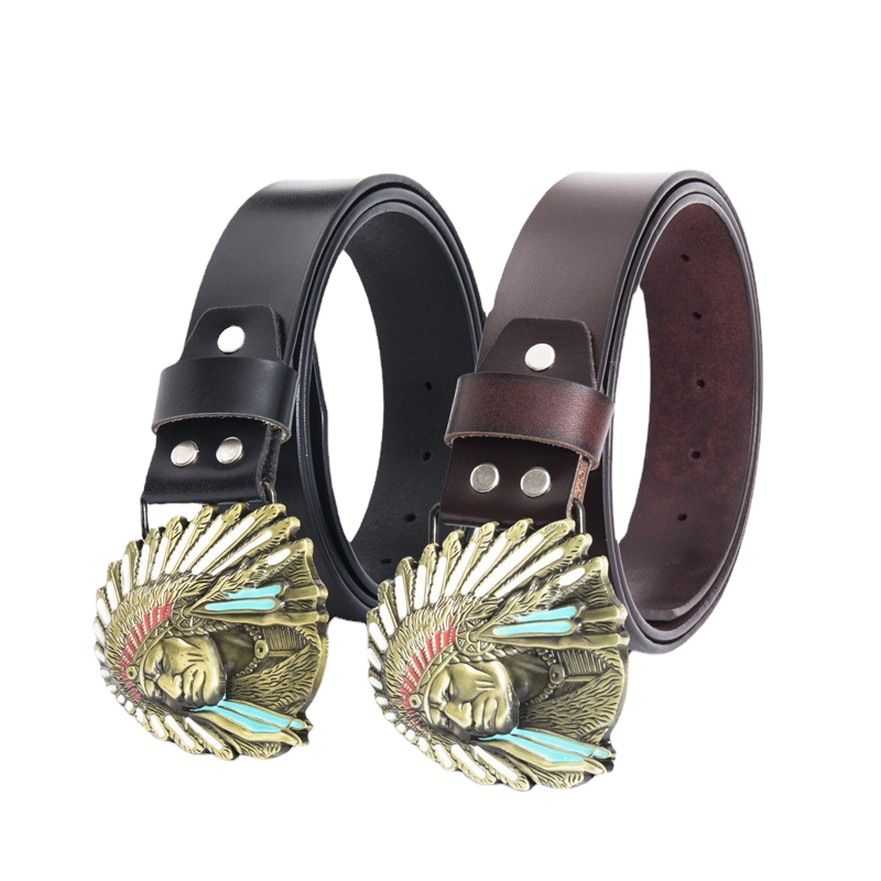 Ceinture Baroudeur pour homme, cuir de vachette refendu, boucle western avec motif chef indien gravé et accents turquoise, disponible en noir et marron.
