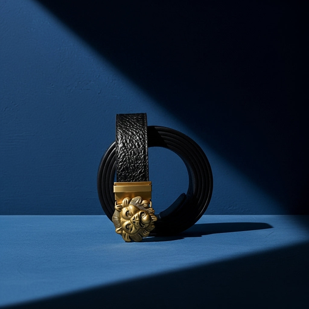 Ceinture homme Basile en cuir noir avec relief crocodile et boucle dorée tête de lion, fond bleu #fullwidth