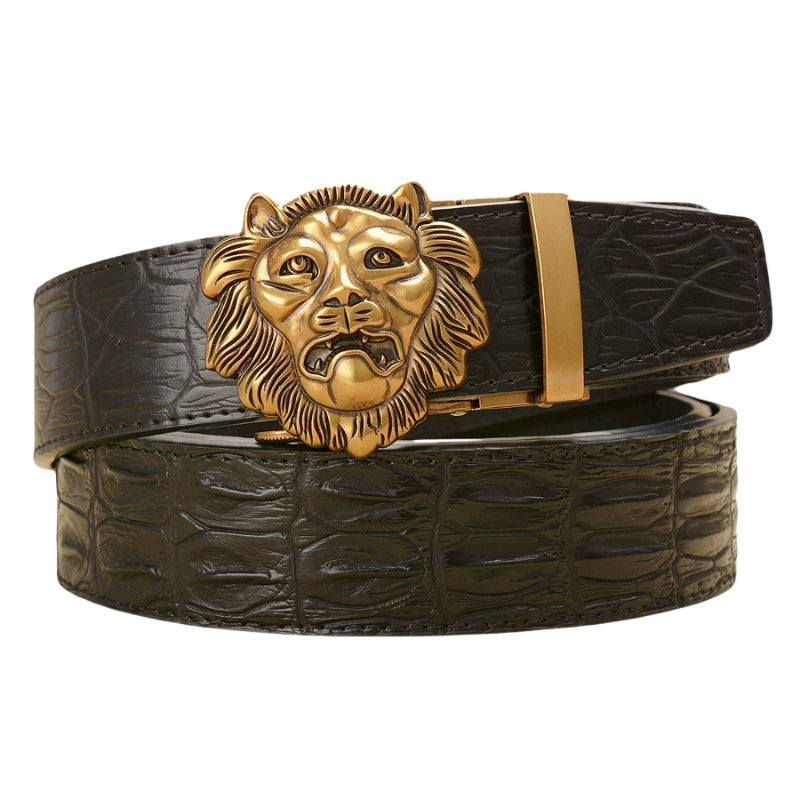 Ceinture homme Basile en cuir noir avec relief crocodile et boucle automatique dorée tête de lion