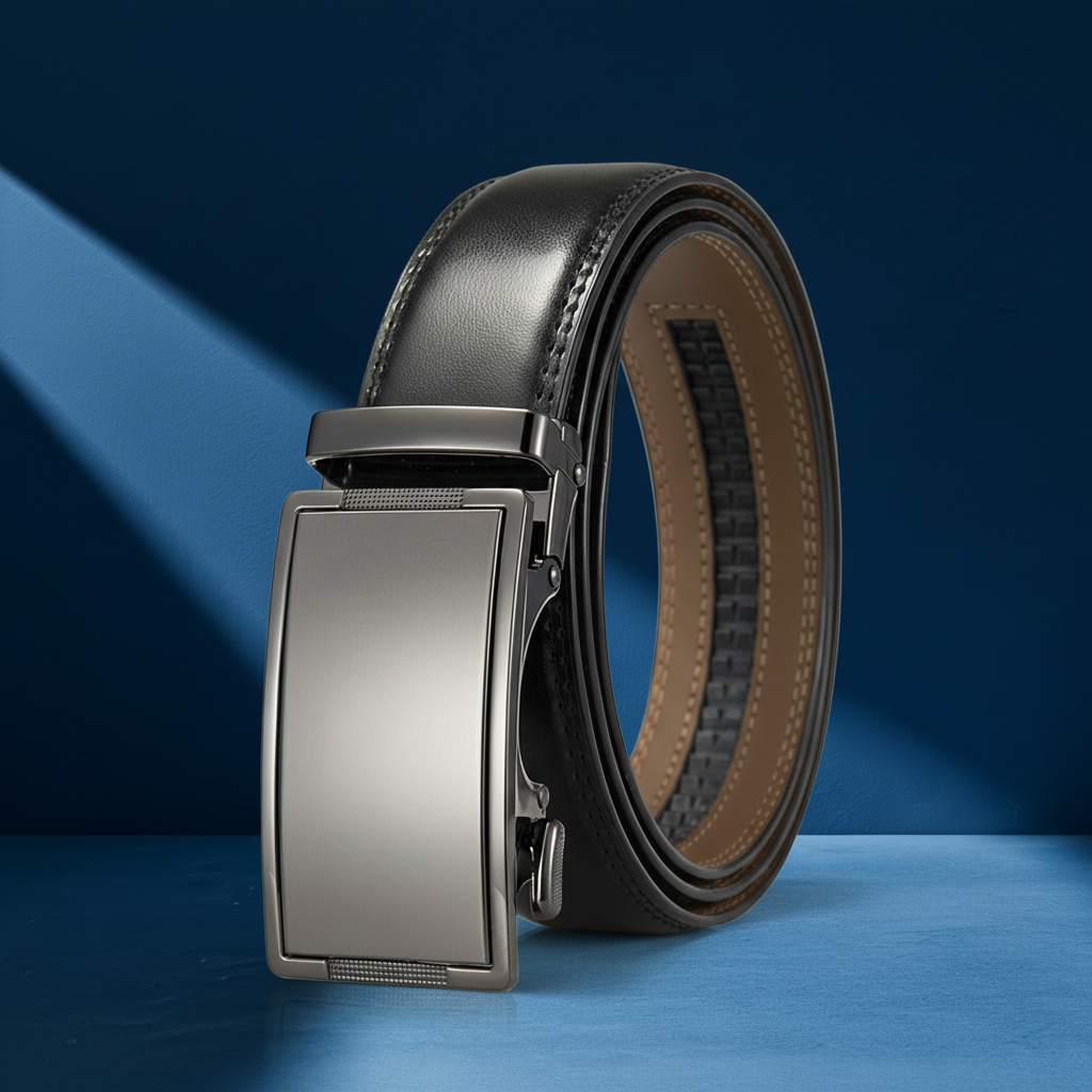 Ceinture homme Bastide 95 en cuir noir avec boucle automatique argentée et finition canon de fusil, sur fond bleu #fullwidth