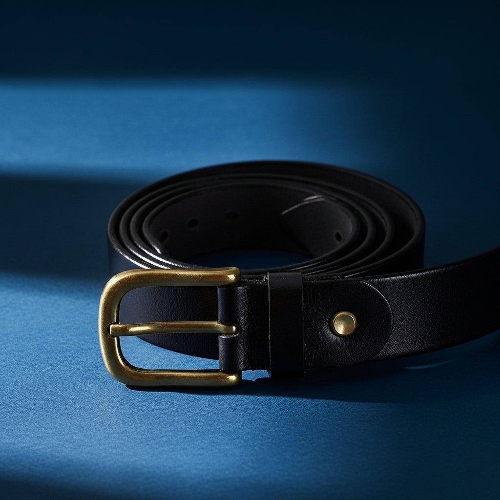Ceinture pour homme Bastion Cuir noire avec boucle ardillon dorée en cuivre, sur fond bleu. #fullwidth