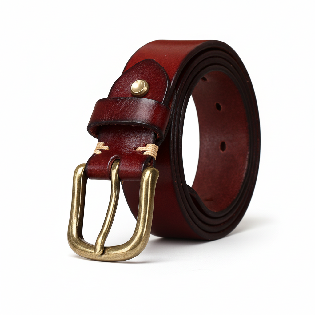Ceinture Bastion Cuir pour homme en cuir bordeaux avec boucle ardillon arrondie en cuivre doré. #fullwidth